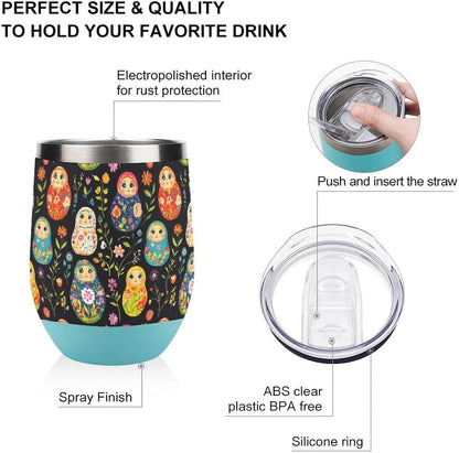 Russian Nesting Dolls Flowers Insulated Cups & Mugs 12 Oz Double-Wall Coffee Cup with Lids Drinks Tumbler for Women Men