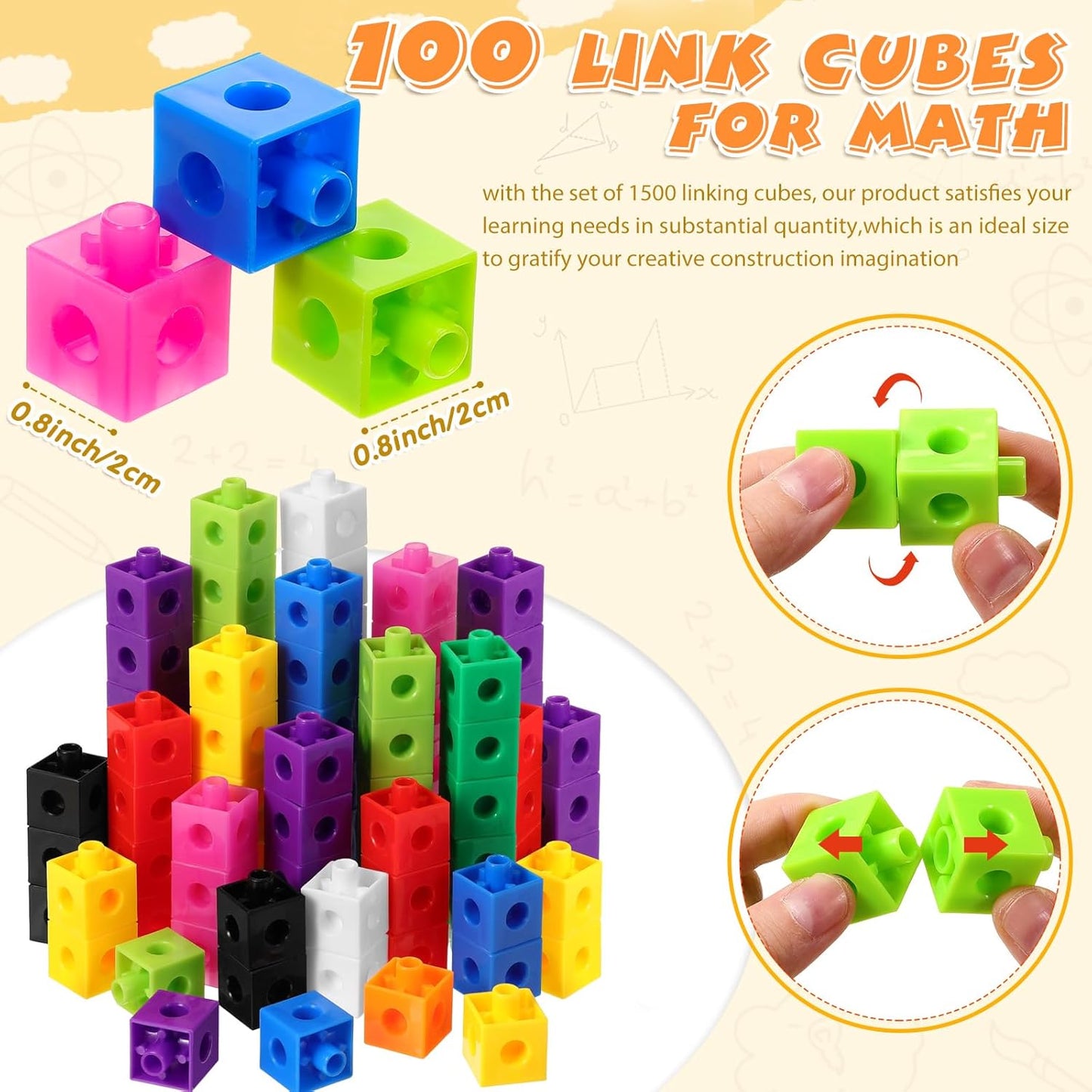 Jenaai 100 Pcs Linking Cubes Plastic Math Cubes Manipulative Counting Blocks STEM Snap Blocks Connecting and Counting for Early Math and Construction, Homeschool Preschool Supplies(Stylish)