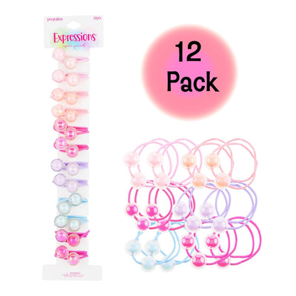 12pc Bubble Ball Ponytail Holders – Iridescent Double Bead Hair Ties for Girls and Toddlers – Colorful No-Damage Elastic Hair Bands for Pigtails and Braids