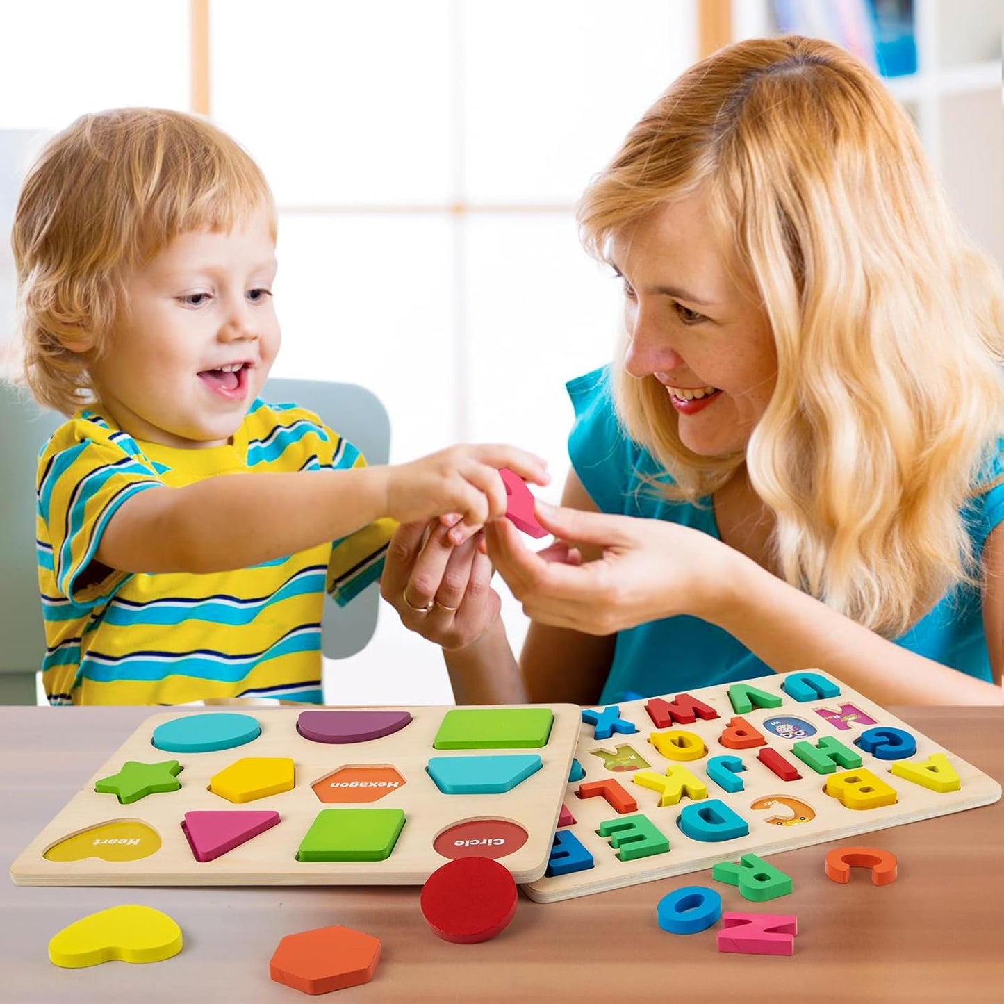 Attmu Wooden Puzzles for Toddlers, 6 Pcs Alphabet Puzzle ABC Shape Number Animal Farm Puzzle, Learning Toys for Kids, Preschool Educational Activities Toddler Gift Toys for Girls Boys Christmas Easter