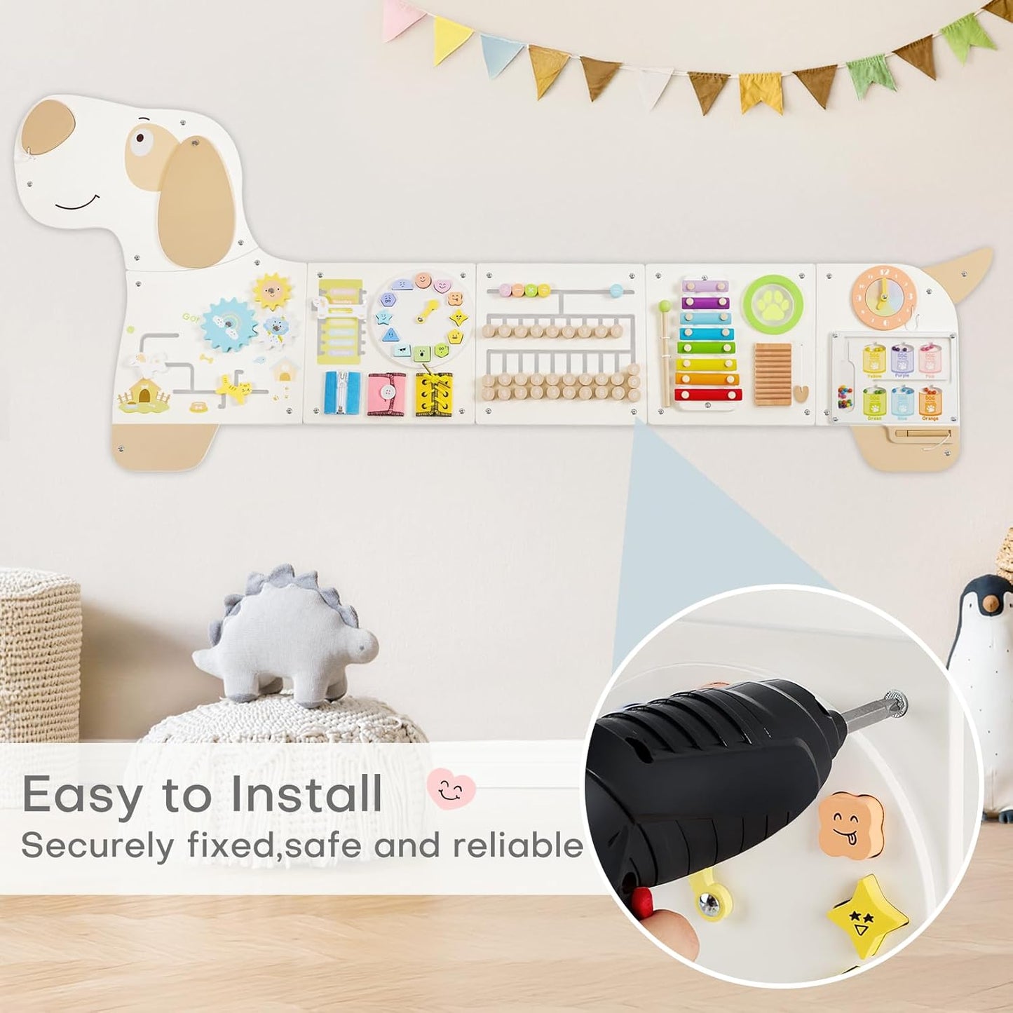 Wooden Dog Wall Busy Board Panels, Sensory Wall Activity Board for Toddlers 1-3, Montessori Learning Activity Center, Educational Toys for Kids Room, Preschool & Daycare
