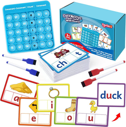 Torlam CVC Word games Phonics Games Sight Words Flash Cards, Spelling Reading Learning Flashcards, Speech Therapy Toy Preschool Kindergarten Classroom Learning Activities Must Have Homeschool Supplies