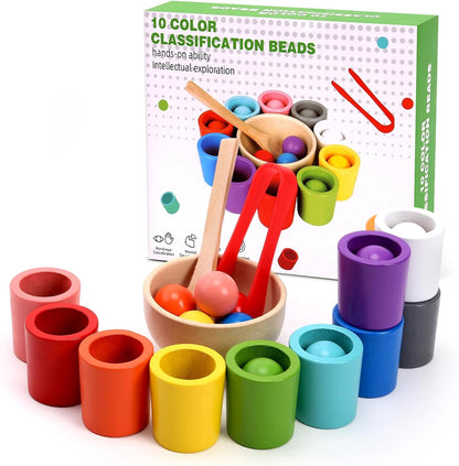 10 PCS Rainbow Balls in Cups, Mini Wood Classification Cup Game, Rainbow Sorting Balls with Spoon and Tongs, Preschool Learning Educational Montessori Matching Games for 3+ Year Old