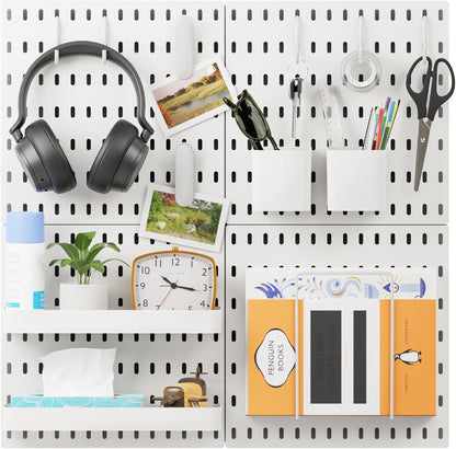 16pcs Pegboard sets, Plastic White Peg board Wall Organizer Kits,4pcs Peg Board and 12 Accessories Modular Hanging, Wall Mount Display Pegboard Panel Sets for Home Office Garage Kitchen Workshop