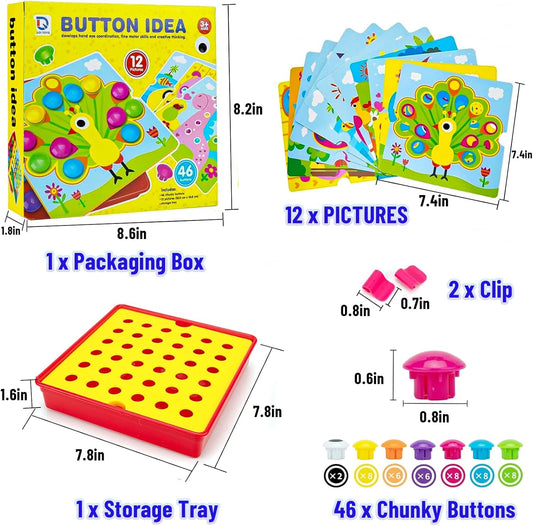 Button Art Toys for Toddlers 3-5 Years Old,Educational Color Matching Mosaic Pegboard & Fine Motor Skills Game,Early Preschool Learning Crafts Activity for Boys & Girls,Gifts for Kids Ages 3+