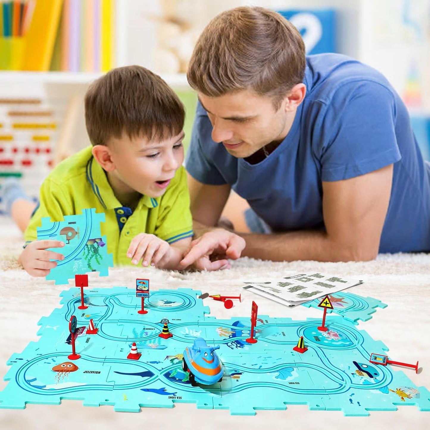 Plastic Floor Puzzles for Kids Ages 3-5, Puzzle Track Car Play Set, Educational Montessori Toys for 3 4 5 6 Year Old Boys, 3 4 5 6 Year Old Boy Birthday Gift, Boy Toys Age 3