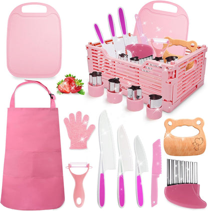 Kids Baking Cooking Set Real & Toddler Kid Apron, Kids Knife Set for Real Cooking & Basket,Food-Grade Material,Montessori Toddler Kitchen Tools, Christmas Birthday Gift for 3-10 Year Old Girls Boys