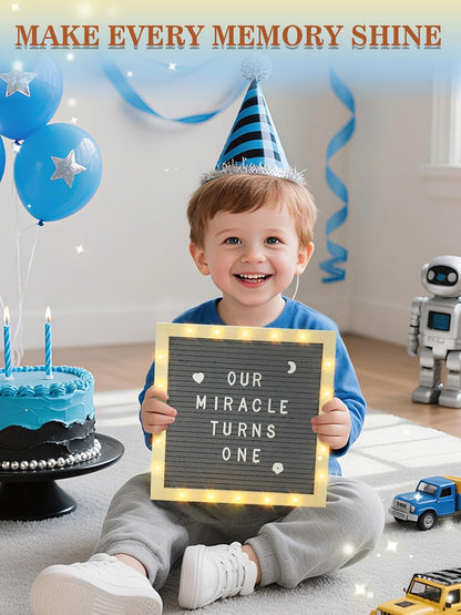 Changeable Felt Letter Board with LED Lights - 10×10" Message Custom Signs & Wood Stand & 450 Letters, Poster Board for Baby/Pregnancy Announcement/Classroom Wall Graduation Decor Gifts, Camel