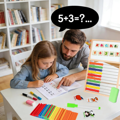 Wooden Abacus for Kids Math – Double-Sided Drawing Board with 100 Counting Sticks, 3 Sets Cards, Clock & Accessories, Educational Learning Toy for Ages 3-8, Homeschool & Preschool Essentials