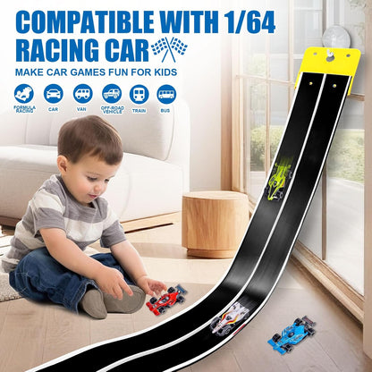 Flexible Race Track Toys for Kids, 15 Ft Double Lane Racetrack with 4 Cars & Suction Cups, Compatible with Hot Wheels & 1/64 Diecast Cars, Portable Roll Up Car Ramp Track Set for Ages 3+(Yellow&Blue)