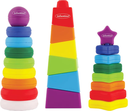 Infantino Imagination Stackers Playset, Rainbow Stacker, Rocket Stacker, Ball Stacker for Babies 12M+, 3-Style Set, 19 Pieces