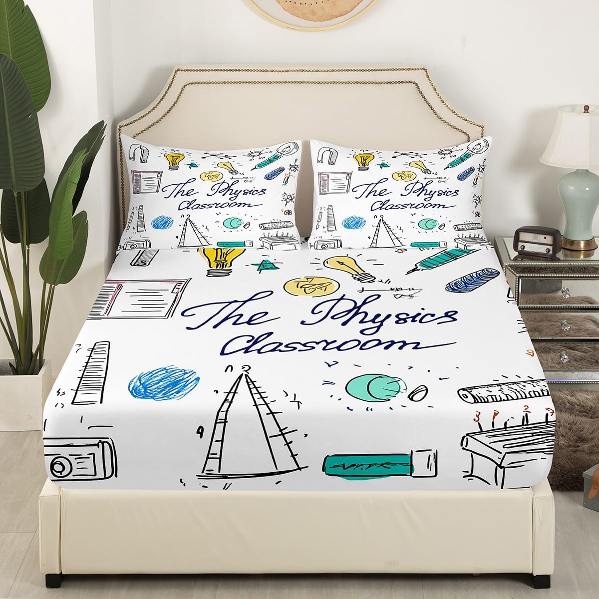 Erosebridal Science Theme Bed Sheets Set Full Size for Boys Girls Chemistry Periodic Table Print Sheet Set Chemical Subject Theme Sheets Teens Kids Math Science Atyle Fitted Sheet 4 Pcs