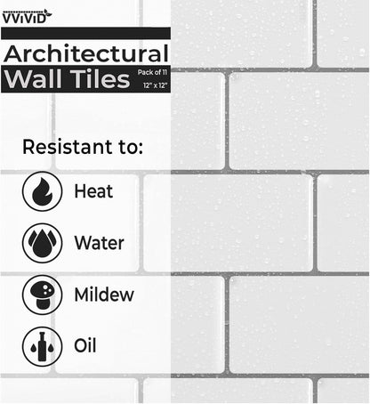 VViViD 11 Sheets Peel and Stick Grey Gloss Faux Ceramic Brick Wall Tiles, Self Adhesive Backsplash 12”x12”, 2mm Thick Kitchen, Bathroom (11 sq. ft.)
