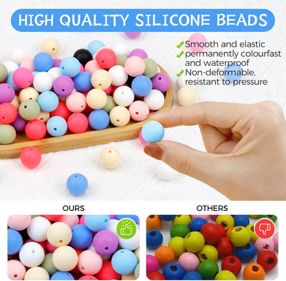 120PCS FIVEIZERO Silicone Beads for Keychain Making, 15mm Glacier Gray Round Silicone Rubber Focal Beads Bulk for DIY Crafts, Bracelets, Necklaces, and Pens