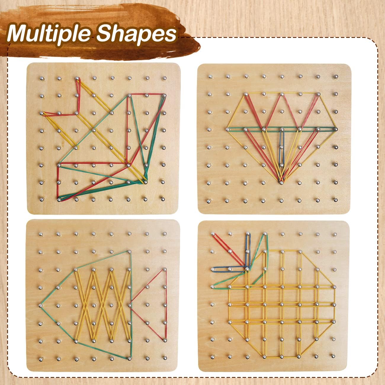 Skrtuan Wooden Geoboard with Pattern Cards & Rubber Bands, Montessori STEM Educational Toy for Kids 3-5 5-8 Years Old, Brain Teaser Puzzle Game for Geometry Learning and Creative Shapes