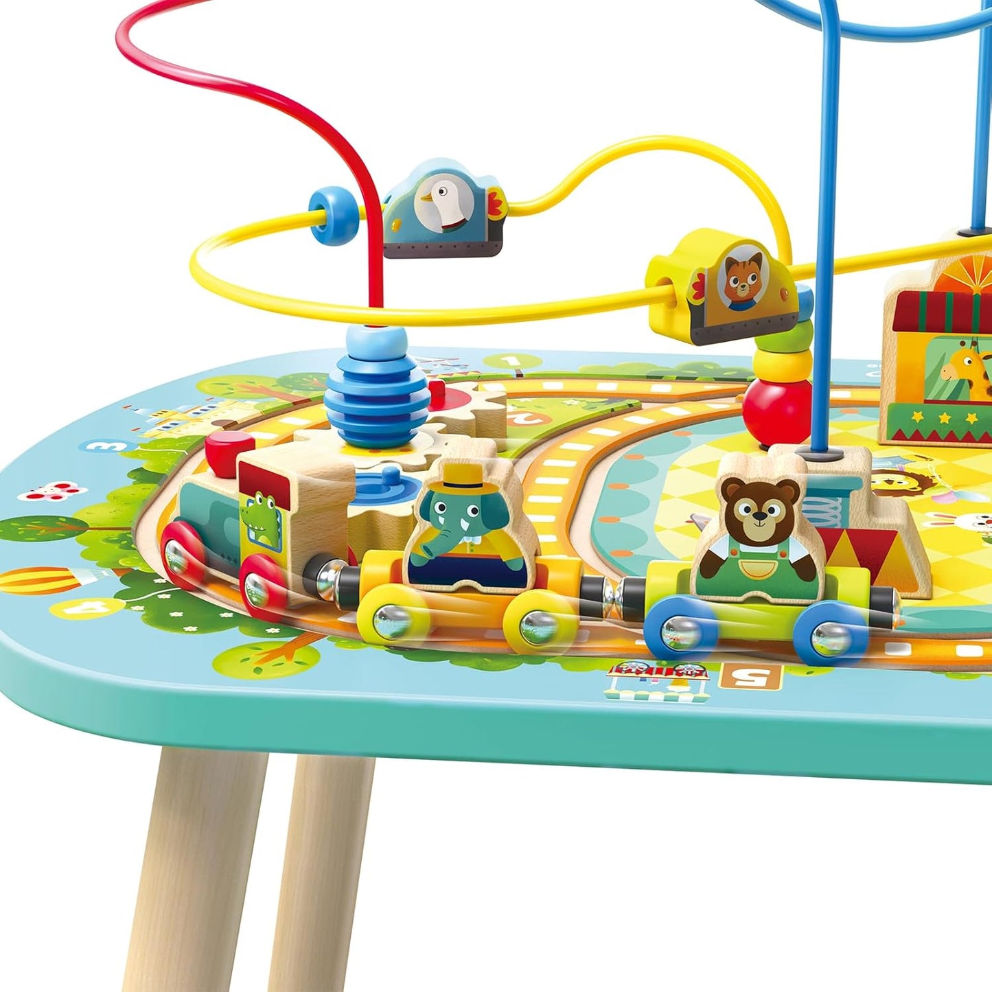 Hape Twisting Railway Maze Table - Wooden Bead Maze & Train Set for Toddlers - Amusement Park Theme with Rollercoaster, UFO & Numbered Stops - Fine Motor Skills Toy for Ages 18M+
