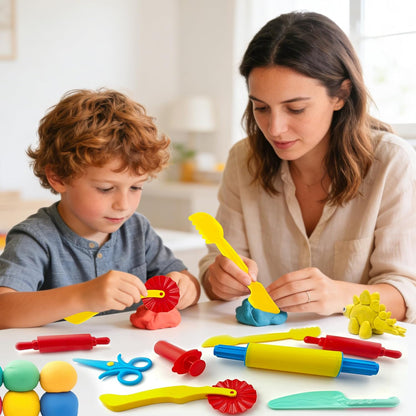 Dough Tools for Kids,9-Piece Kids Clay and Dough Tool Kit– Includes Roller, Rolling Pins, Cutting Tools, Safe Scissors & Plastic Knife for Fun DIY Craft Activities