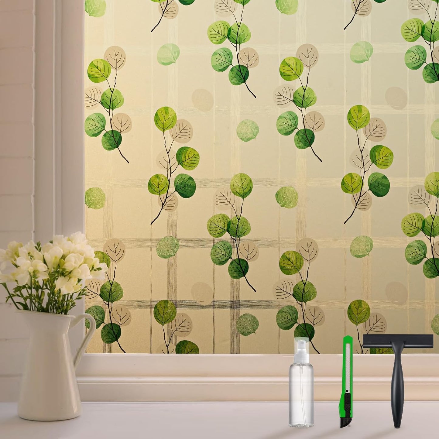 Leaf Pattern Window Tint with Installation Tools, Blackout Window Cover, Sun Blocking Window Tint for Home (Full Blackout Opaque, 17.7'' x 78.7'')