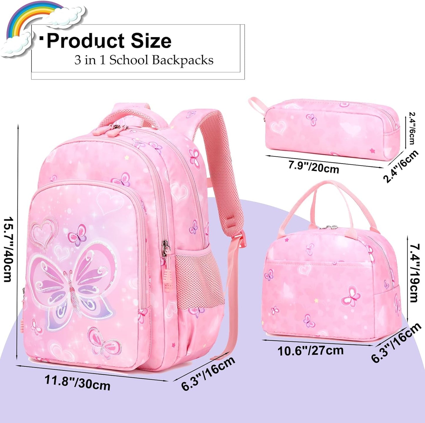 Girls Backpack for Elementary Unicorn Backpack Kids Backpack School Bookbag for Girls 3 in 1 Set Back to School