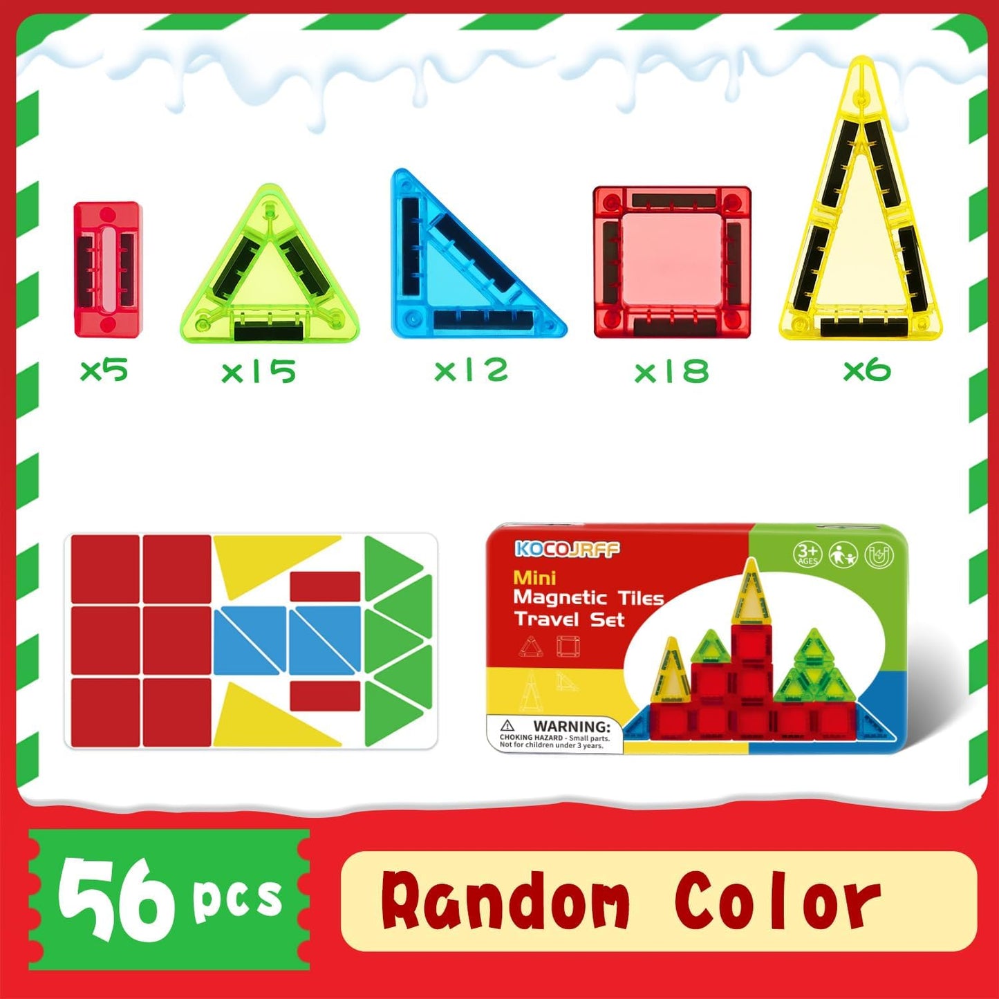Mini Magnetic Tiles Travel Set with Metal Storage Box,STEM Christmas Holiday Toy for Kids Ages 3–12, Magnet Toys Gifts for Toddlers Boys & Girls Christmas Birthday