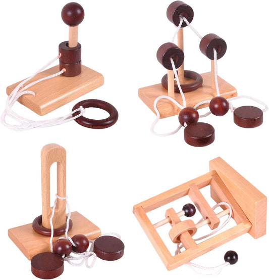 KINGOU 4 Pack Classic Wooden Rope Puzzle Set Ring Puzzles String Solution Central Brain Teaser for Adults/Kids Game