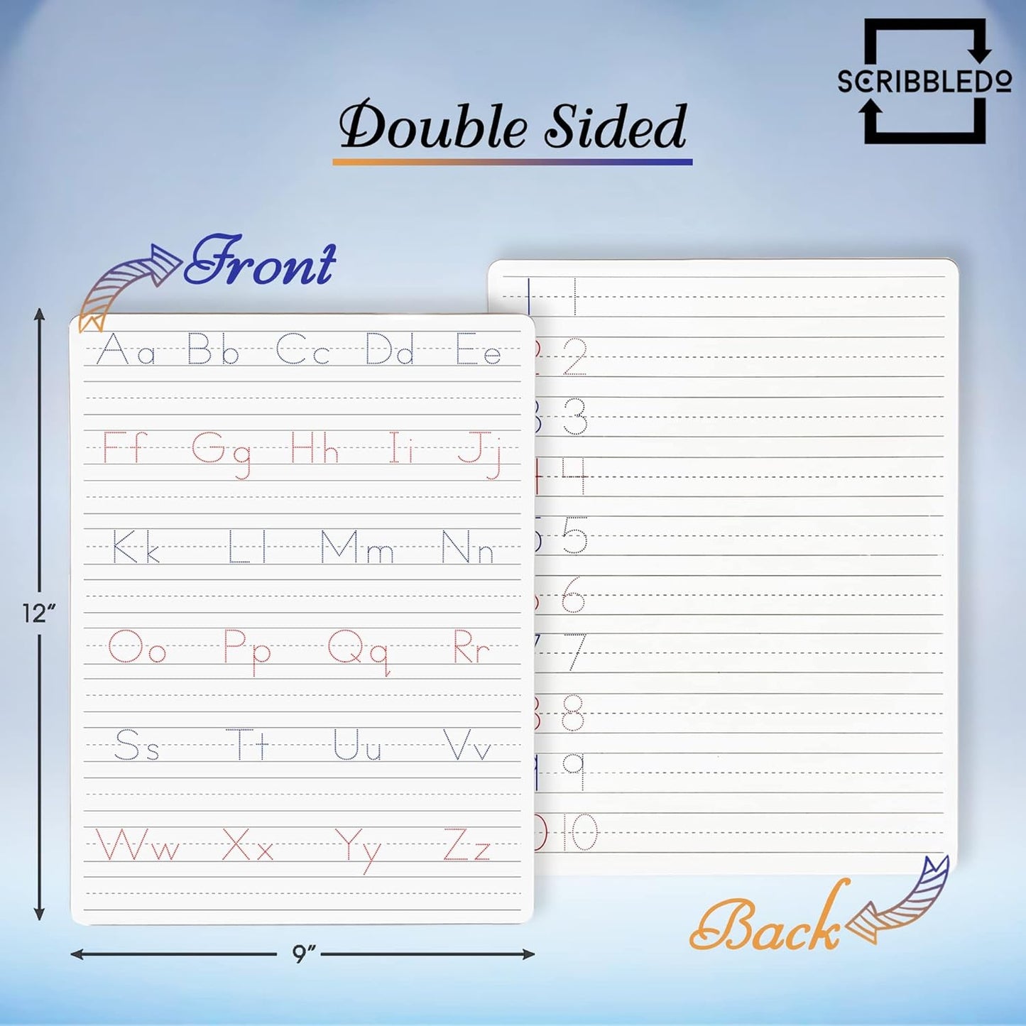 Scribbledo 5 Pack Dry Erase Handwriting Practice for Kids 9 x 12 Inch Letter Alphabet Tracing Board Whiteboard for Kids Ages 3-5 Write and Wipe Alphabet Practice Cards Letters & Erasers