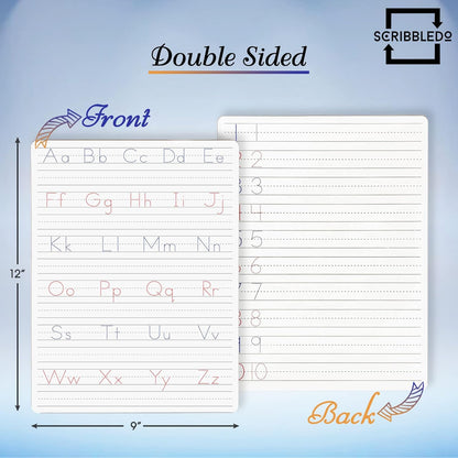 Scribbledo 5 Pack Dry Erase Handwriting Practice for Kids 9 x 12 Inch Letter Alphabet Tracing Board Whiteboard for Kids Ages 3-5 Write and Wipe Alphabet Practice Cards Letters & Erasers