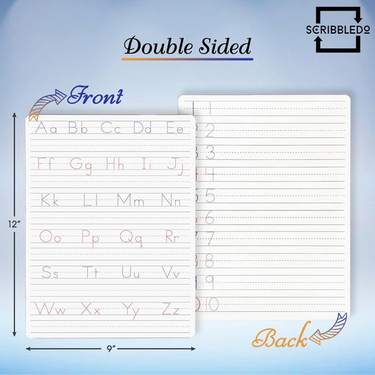 Scribbledo 5 Pack Dry Erase Handwriting Practice for Kids 9 x 12 Inch Letter Alphabet Tracing Board Whiteboard for Kids Ages 3-5 Write and Wipe Alphabet Practice Cards Letters & Erasers