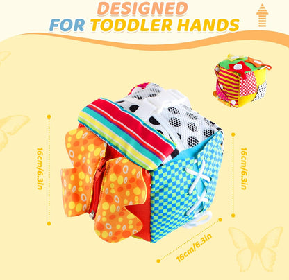 KAKIBLIN Cubic Activity Learning Toy with Zippers, Latches, Buckles, Laces, Snaps, Buttons and More - Perfect for Toddlers at Home, on Airplanes, Cars or Travel