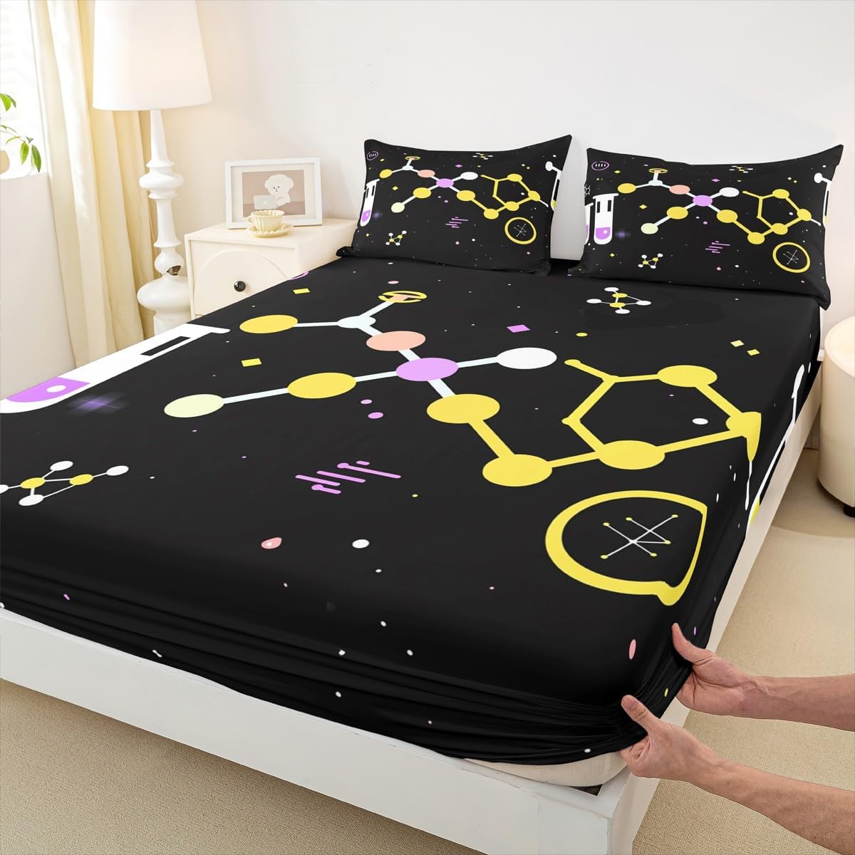 Chemistry Bed Sheets for Kids Teens Girls Boys,Chemical Experiment Fitted Sheet Twin,Science Themed Sheets for Math Lovers,Chemistry Lab Bedding Set,White and Black