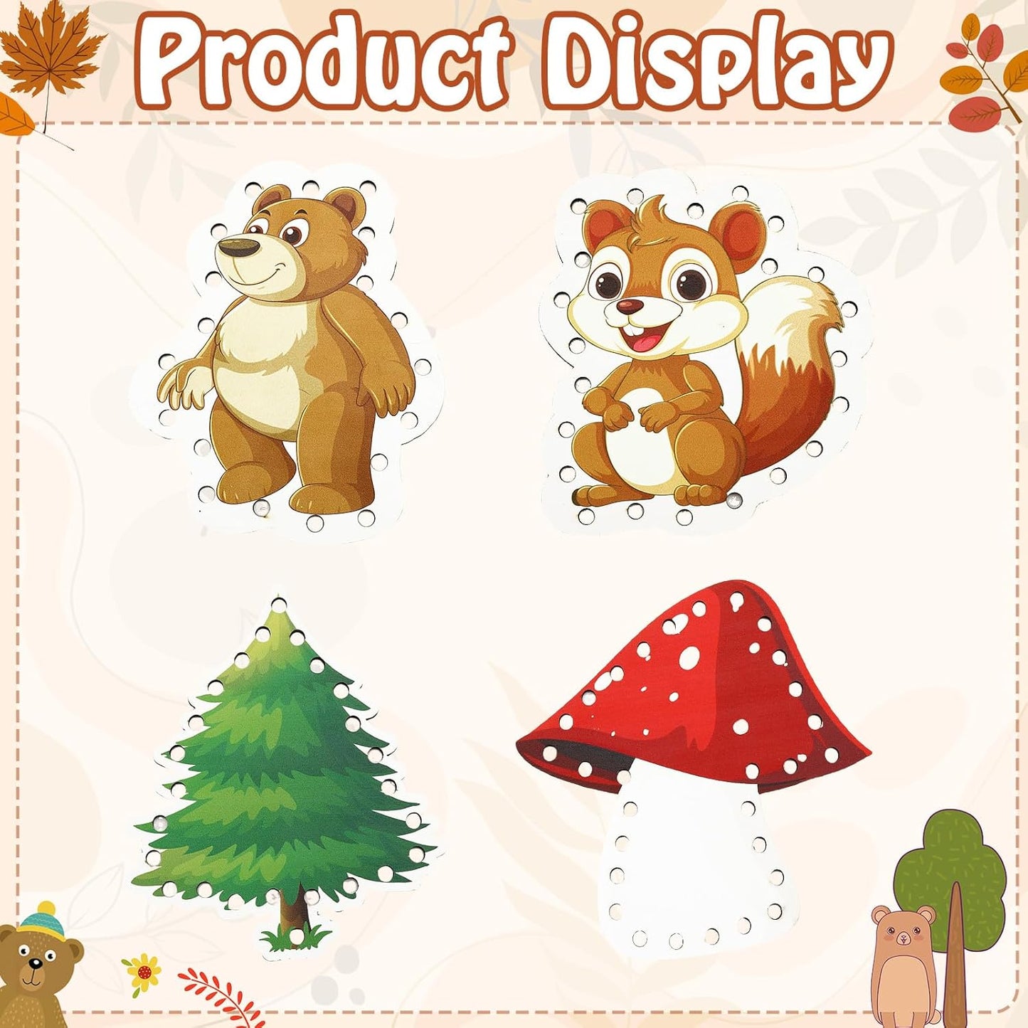 Montessori Wooden-Lacing Cards, Fine Motor Skills, Cute Bear Lacing Cards (Forest)