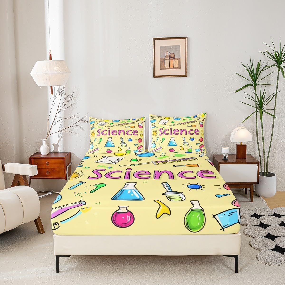Chemistry Bed Sheets for Kids Teens Girls Boys,Chemical Experiment Fitted Sheet Twin,Science Themed Sheets for Math Lovers,Chemistry Lab Bedding Set,White and Black