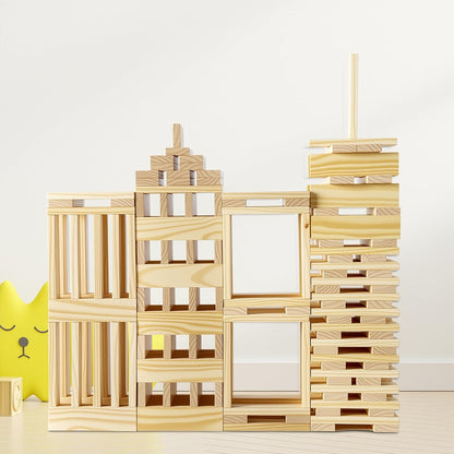 Premium 300 Pcs Natural Wooden Building Blocks for Kids Ages 3-12,Pine STEM Construction Toy - Open-Ended Classic Building Blocks Set for Castles, Bridges & Towers, Educational Learning Gift (4.7 in)