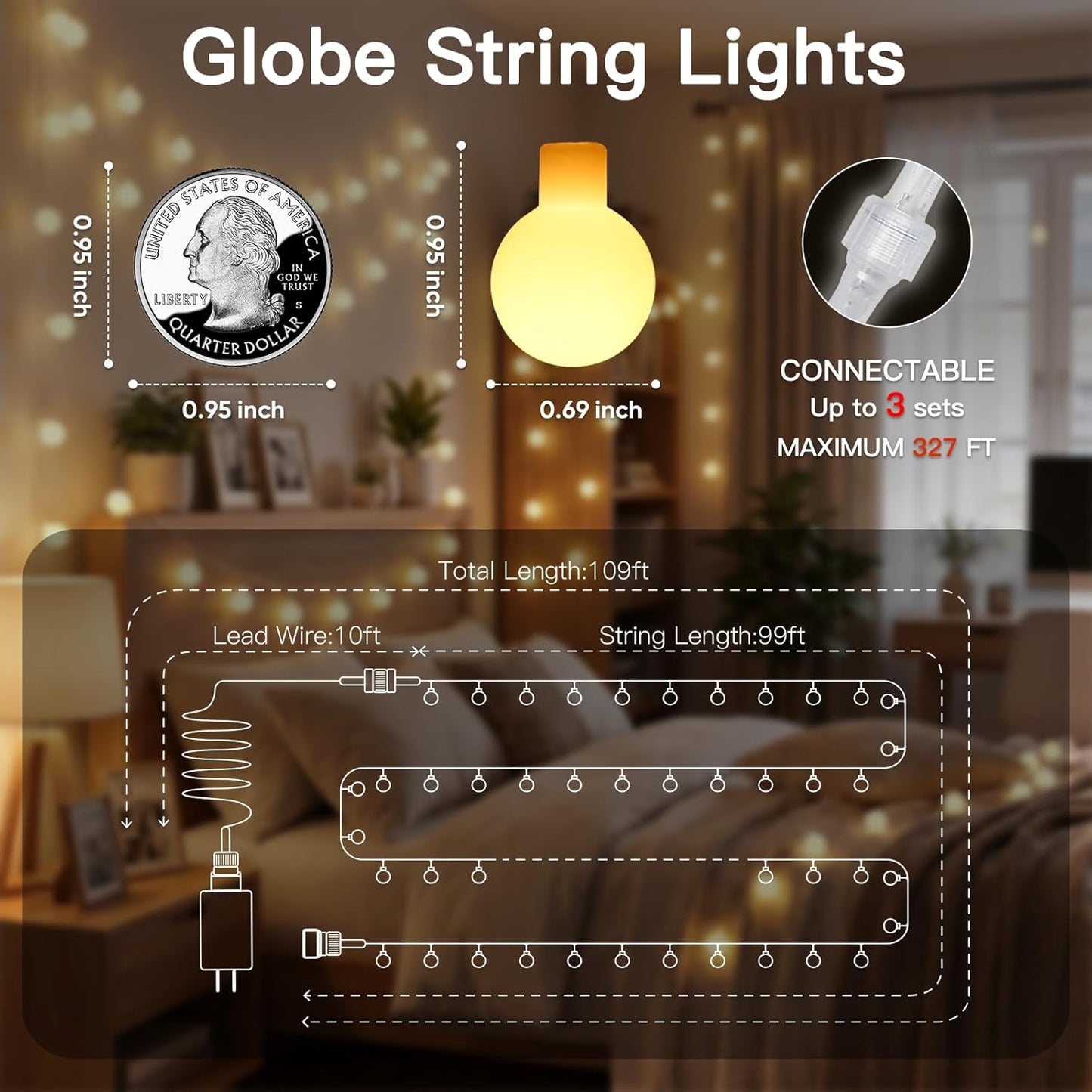 suddus String Lights for Bedroom, 66ft 200 Led Connectable Globe String Lights Indoor, Hanging Fairy Lights Plug in with Remote for Kids Room Dorm Classroom Outdoor Christmas Tree Decor, Warm White