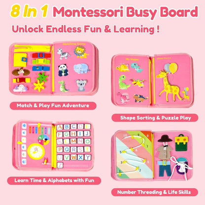 Qizfun Montessori Busy Board & Busy Book for Toddlers – Sensory & Learning Toy That Keeps Kids Busy, Travel Toy for Airplane & Car, Screen for Boys & Girls (Blue/P4)
