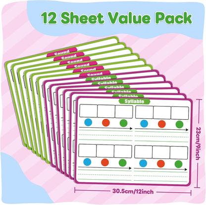 12 Pack Phonemic Awareness Dry Erase Card,9" x 12" Sound Syllable Speech Therapy Phonics Flashcard,Preschool Kindergarten Classroom Teacher Homeschool Supplies Science Reading Manipulative