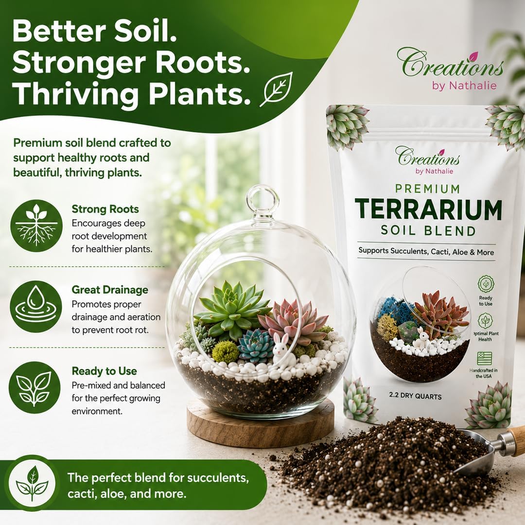 Creations by Nathalie – DIY Large Terrarium Starter Kit with Soil, Moss, Pebbles, Healing Crystal, Tools & Supplies – Terrarium Kit for Adults & Teens, Handcrafted in USA