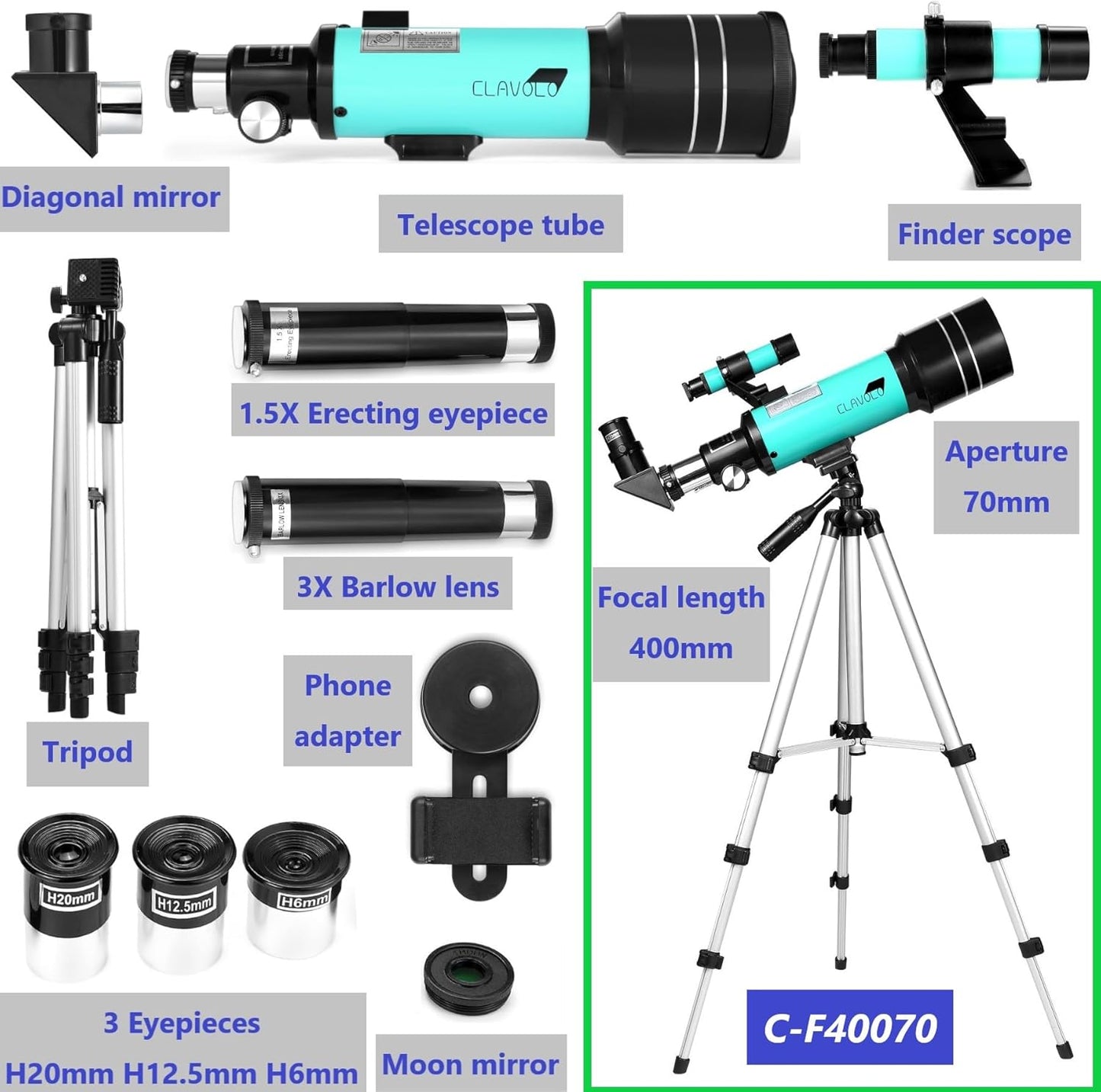 Telescope 70mm Aperture for Kids & Astronomy Beginners, Travel Telescope with Adjustable Tripod & Phone Adaper, Magnification 20X–200X