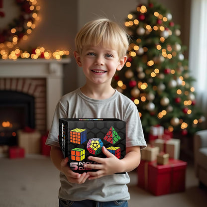 AuntyFey 5 Pack Magic Speed Cube Set - 2x2, 3x3, 4x4, Triangle Megaminx Speed Cubes for Kids & Adults