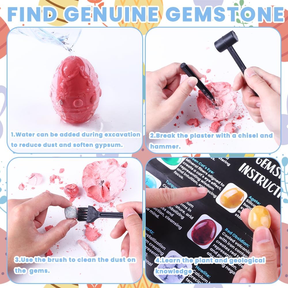 DIYDEC 3 Pack Easter Egg Dig Kit Real Gemstones Excavation Kit for Kids Easter Geology Toys Rock Digging Kit Easter Science Educational Gift for Boys Girls Easter Basket Stuffers Party Favor