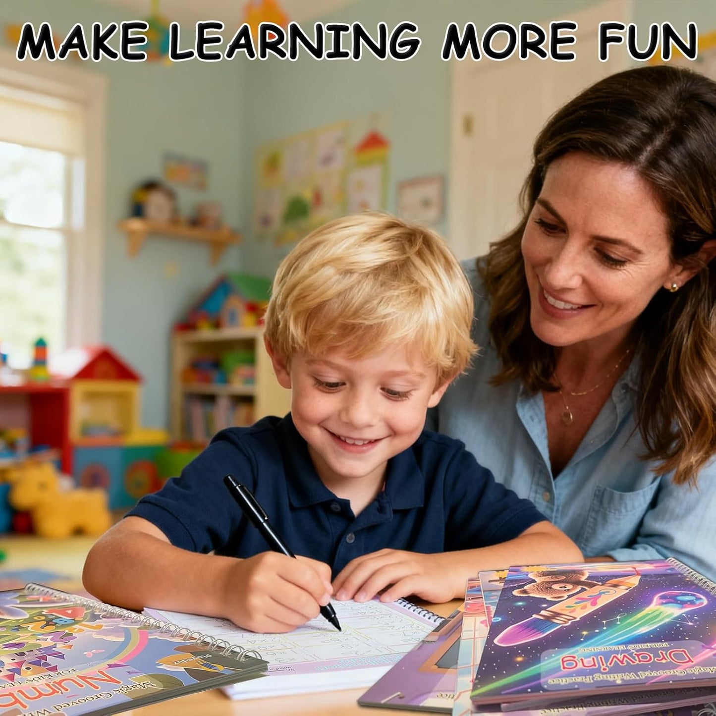 PIRIE 5 Pack Reusable Magic Grooved Handwriting Workbooks with 3D Patterns, Pens, Gripper & 10 Pen Refills, for Kids 3 - 8, Colorful Illustrations, Covering Alphabet, Math & Drawing, Boosting Fine Motor & Cognitive Skills