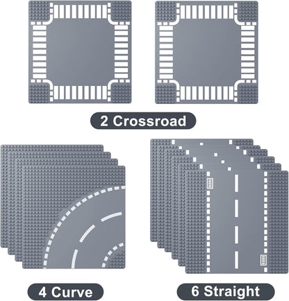 Road Base Plates for City Street Building Block, 12 Street Plates, 10"x10" Road Baseplates