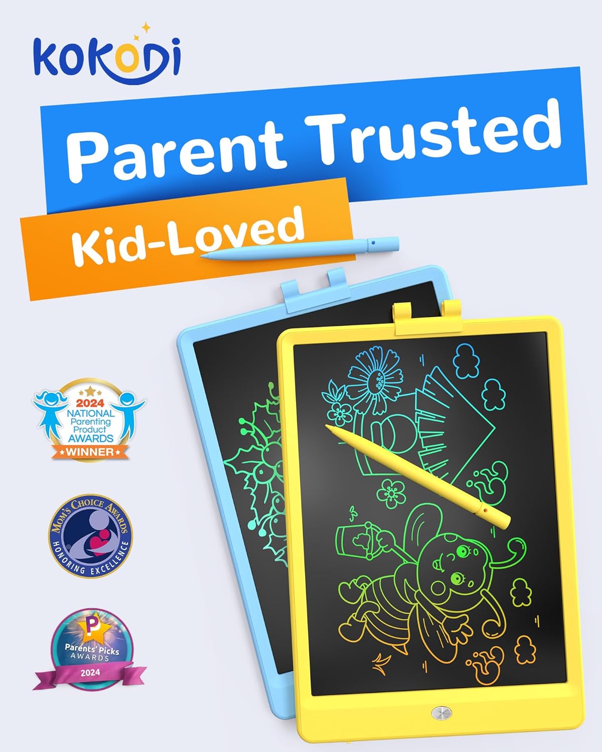 KOKODI LCD Writing Tablet, 12 Inch Colorful Toddler Doodle Board Drawing Tablet, Erasable Reusable Electronic Drawing Pads, Educational and Learning Toy for 3-6 Years Old Boy and Girls(Blue)