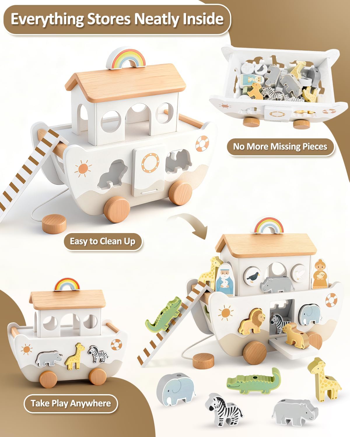 Wooden Noah’s Ark Toy for Toddlers 1-3, Baptism Christening Gifts for Boys Girls, Christian Toy Animal Shape Sorter, Baby Birthday