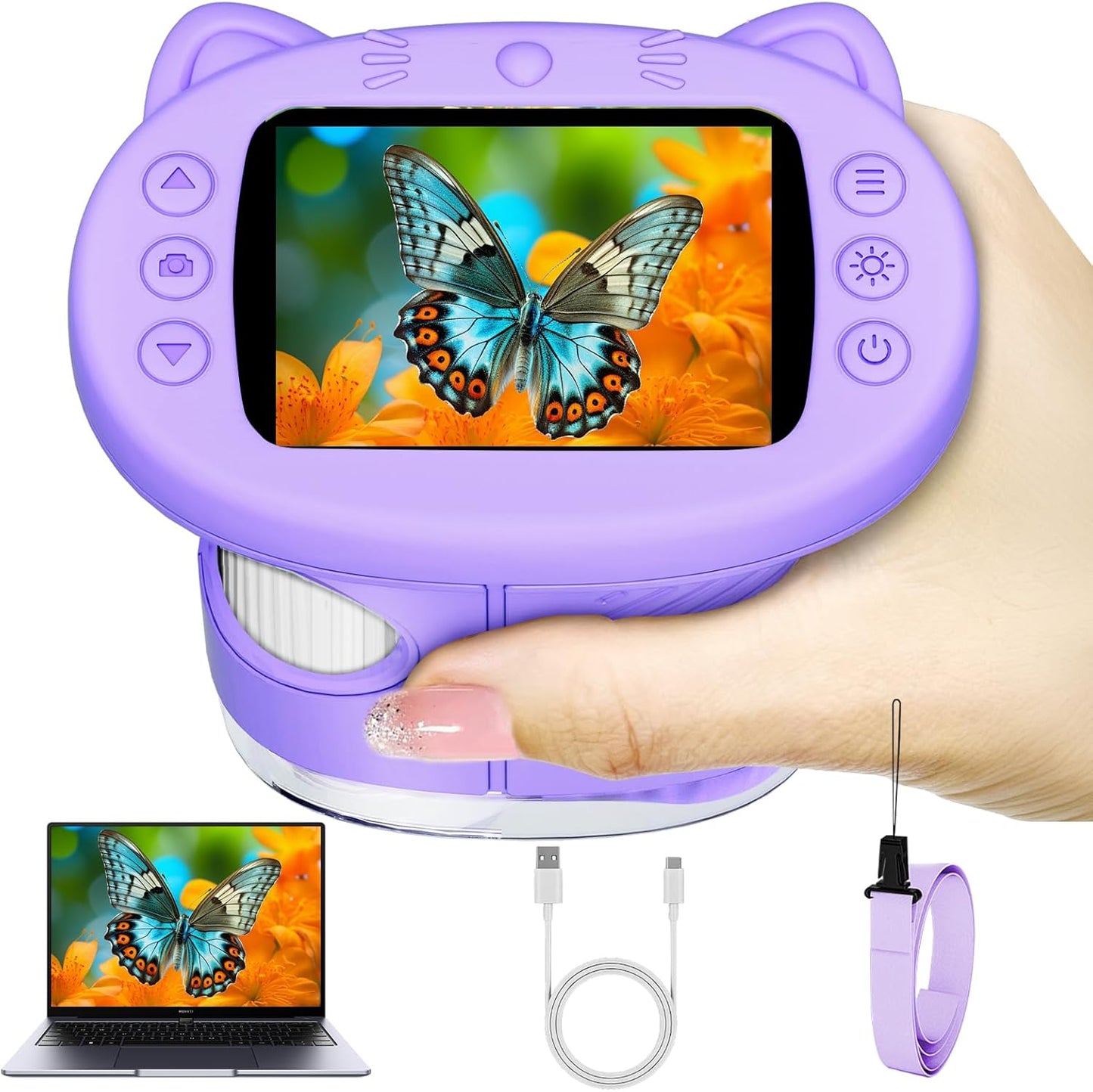 Pocket Kids Microscope, 1000X Handheld Microscope for Kids w/2.4'' Screen, Photo Video Mini Portable Microscopes Science Edu Digiscope, Christmas Birthday Gifts Ideas for Kids Ages 3-12 (Purple)