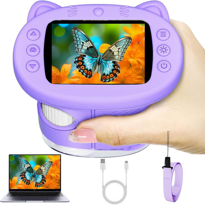 Pocket Kids Microscope, 1000X Handheld Microscope for Kids w/2.4'' Screen, Photo Video Mini Portable Microscopes Science Edu Digiscope, Christmas Birthday Gifts Ideas for Kids Ages 3-12 (Purple)