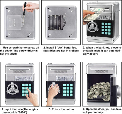 HUSAN Piggy Banks Money Banks for Kids, Electronic Password Code Money Banks ATM Banks Box Coin Bank for Children Boys and Girls (Grey Bue)