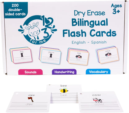 Dry Erase Spanish Flash Cards for Kids | English - Spanish Alphabet Flash Cards for Beginners - Set of 200 ESL Teaching and Learning Bilingual Flashcards for Writing and Reading Games.