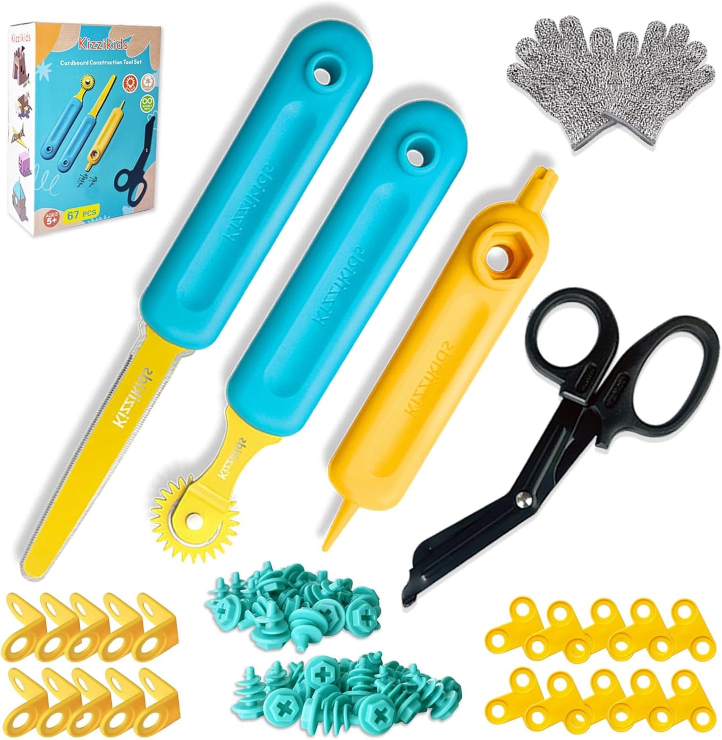 Kizzikids Cardboard Tools for Kids with Cutter &Tool Box, 149 PCS Cardboard Construction Kit for Family & Team Activities, Creative STEM Educational Toys Gift for Boys and Girls Aged 5+