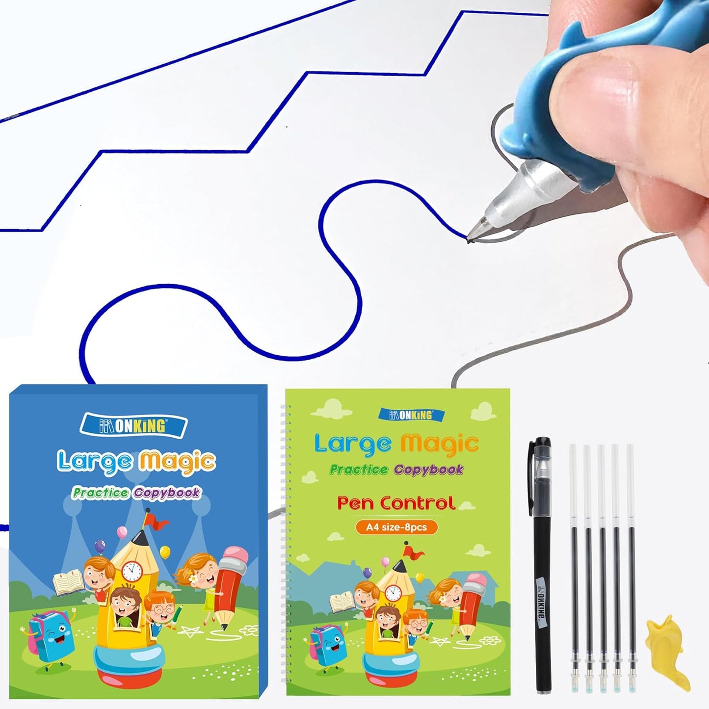 Large Magic Practice Copybook for Kids,Handwriting Grooved Practice Book 6 Pack with Pen Refill English Cursive Calligraphy Reusable Age 3-8（A4 Size）